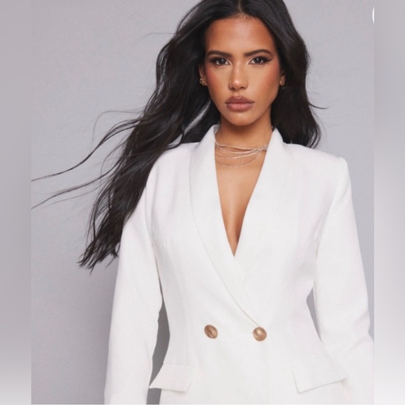 NWT PrettyLittleThing Long Sleeve Creamy White Gold Button Blazer Dress - Picture 11 of 13